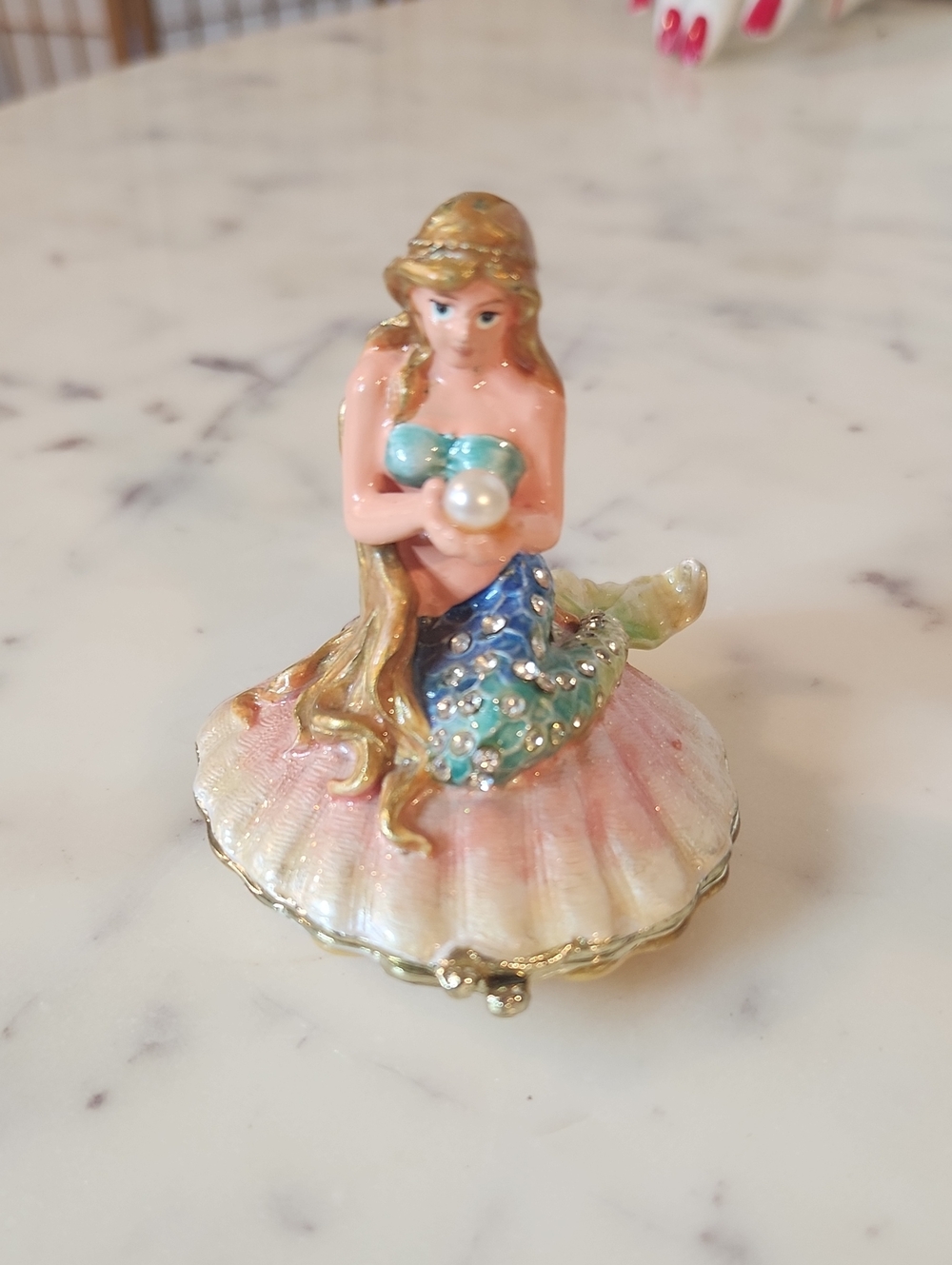 Rucinni Bejeweled Pink Shell Mermaid Enamel Trinket Box